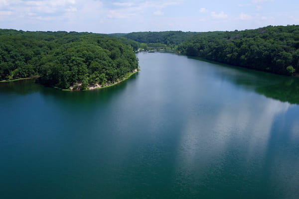 Griffy Lake is pictured from the air near the Indiana University Bloomington campus on Thursday, July 5, 2018.