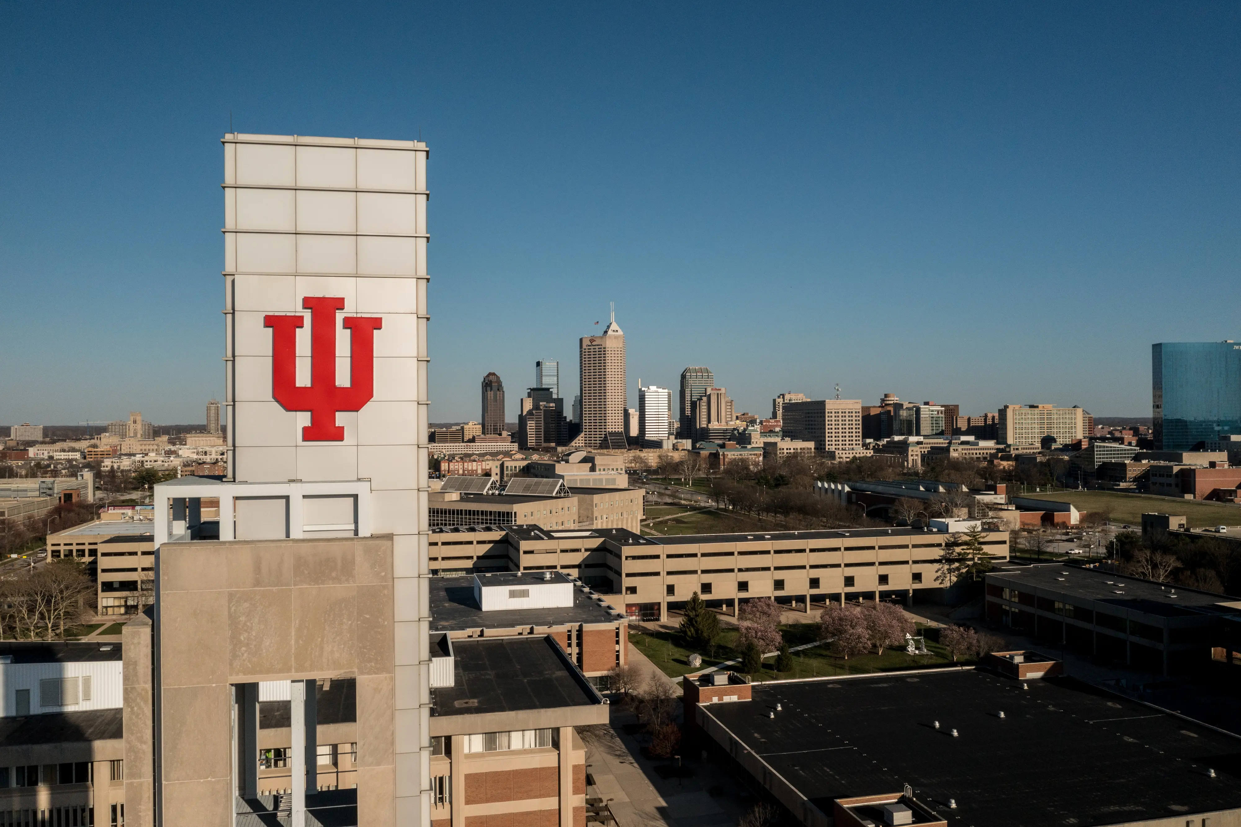 A drone shot of the IU trident on the IU Indianapolis campus.
