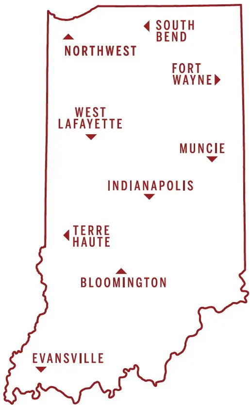an outline of the state of indiana with all 9 school of medicine campuses marked: Northwest, South Bend, Fort Wayne, West Lafayette, Muncie, Indianapolis, Terre Haute, Bloomington and Evansville