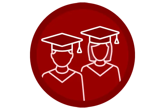 red circle with outline of two graduates in cap and gown