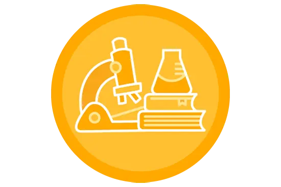 yellow circle with outline of microscope, beaker and books