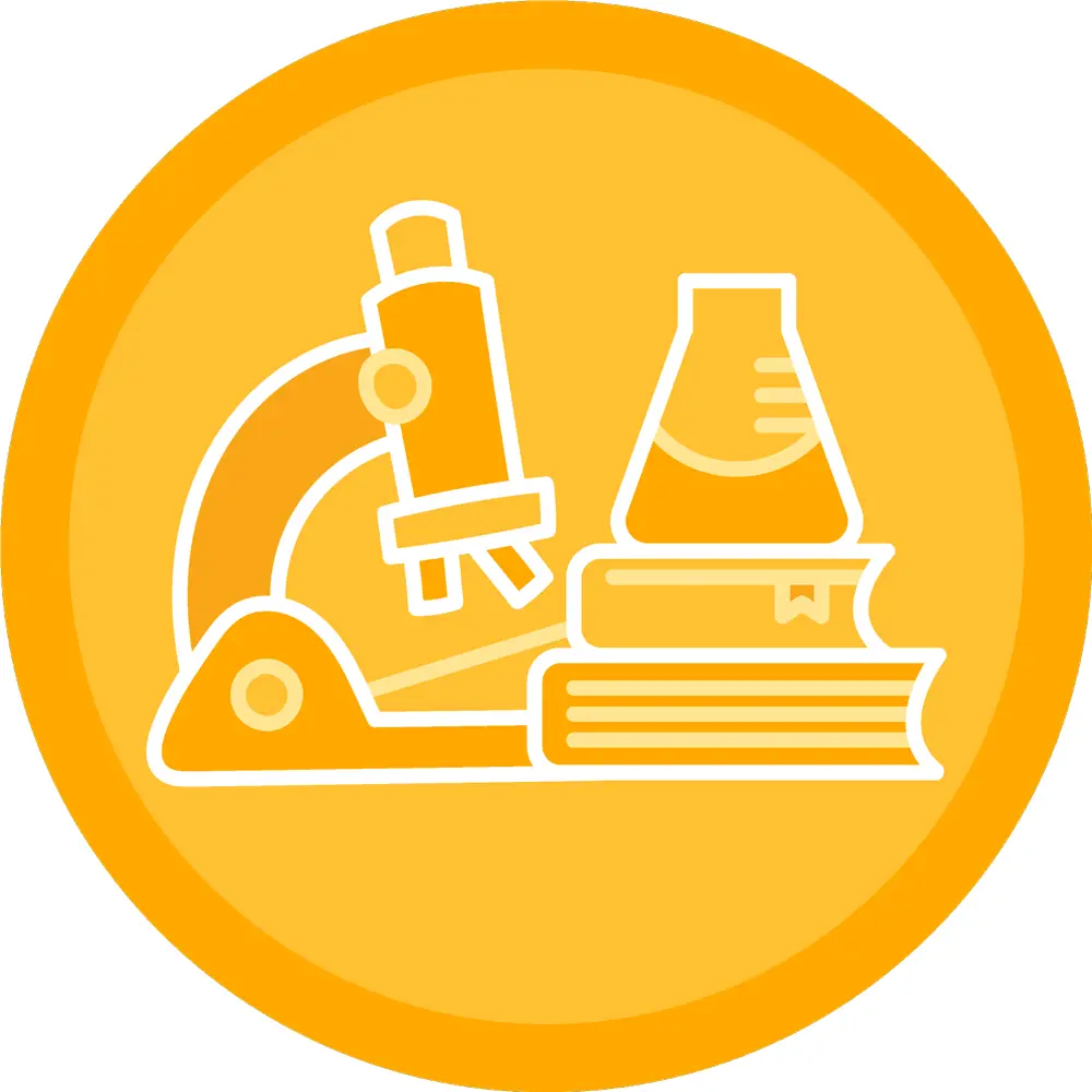 yellow circle with outline of microscope, beaker and books