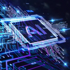 A graphic with a dark background and small chip reading "AI" in neon colors