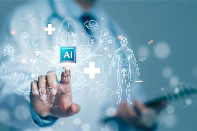 Physician's hand pointing to illustration of floating symbols depicting medicine and AI