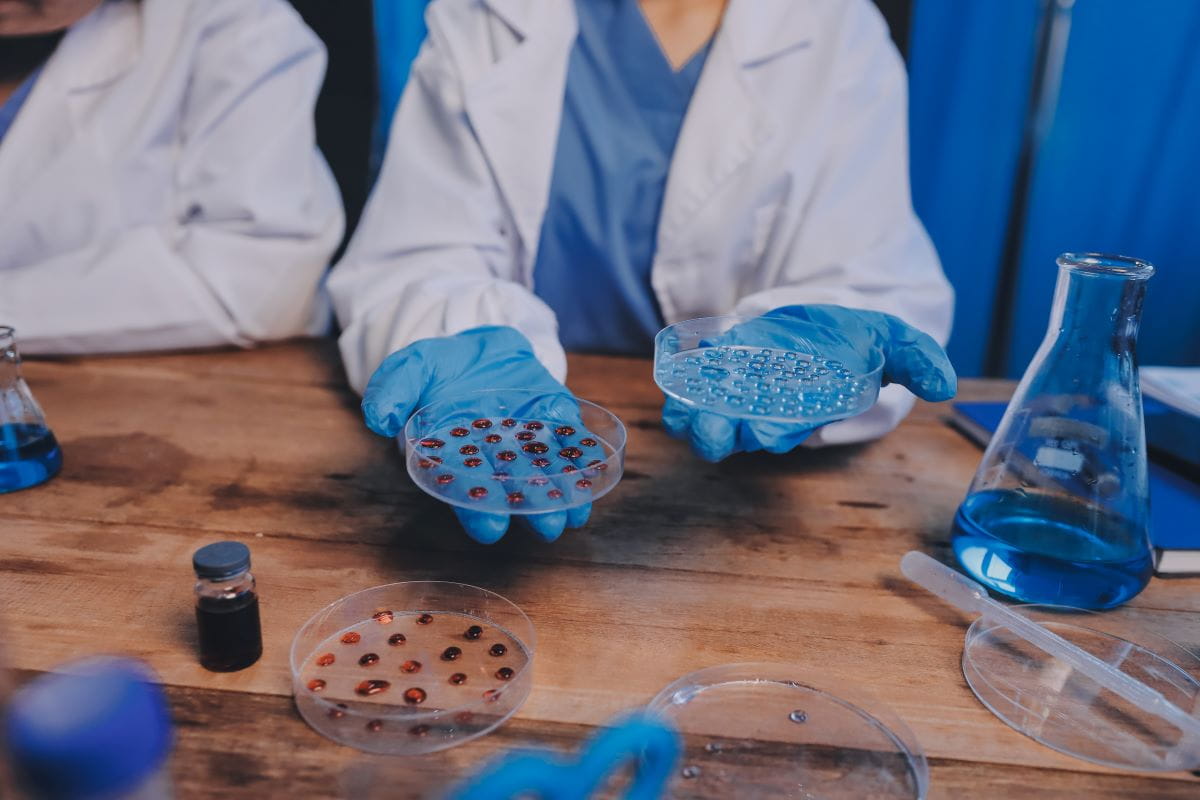 A researcher in a white coat with gloved hands holds a lab sample over a table