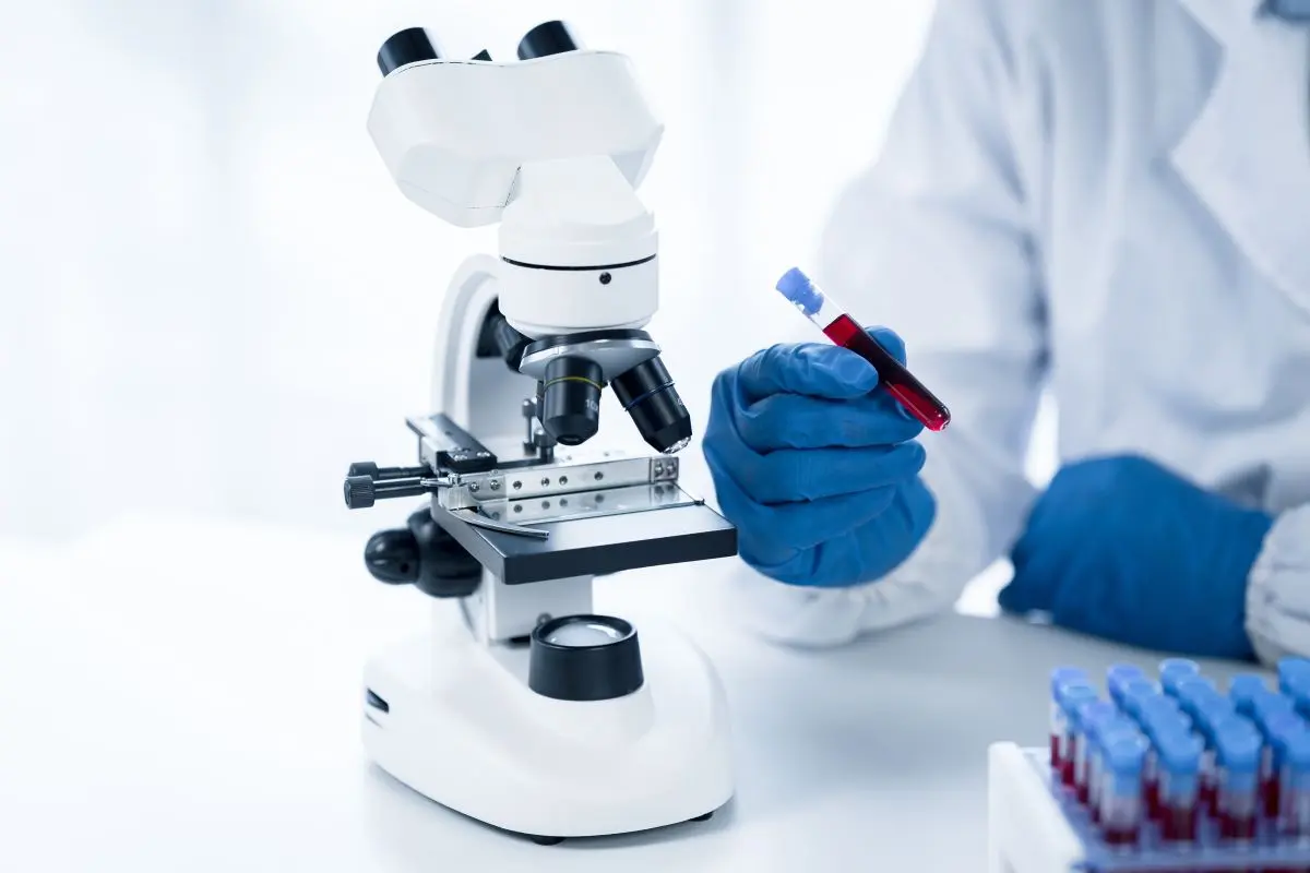 microscope next to researcher holding a sample
