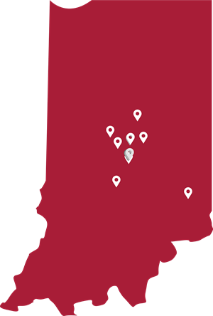 Map of the state of Indiana showing where practice outreach locations are at for the Division of Gastroenterology and Hepatology at the IU School of Medicine in 2022.