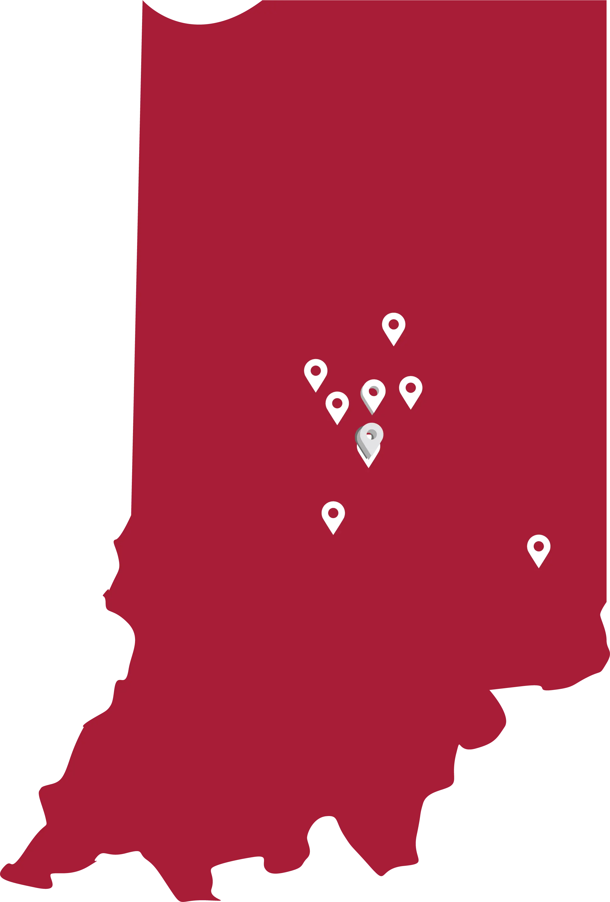 Map of the state of Indiana showing where practice outreach locations are at for the Division of Gastroenterology and Hepatology at the IU School of Medicine in 2022.