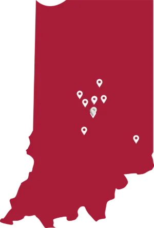 Map of the state of Indiana showing where practice outreach locations are at for the Division of Gastroenterology and Hepatology at the IU School of Medicine in 2022.