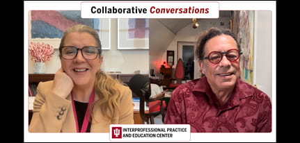 Dr. Barbara Maxwell and artist Ted Meyer seated in a studio setting with artwork and bookshelves, under the title “Collaborative Conversations.”