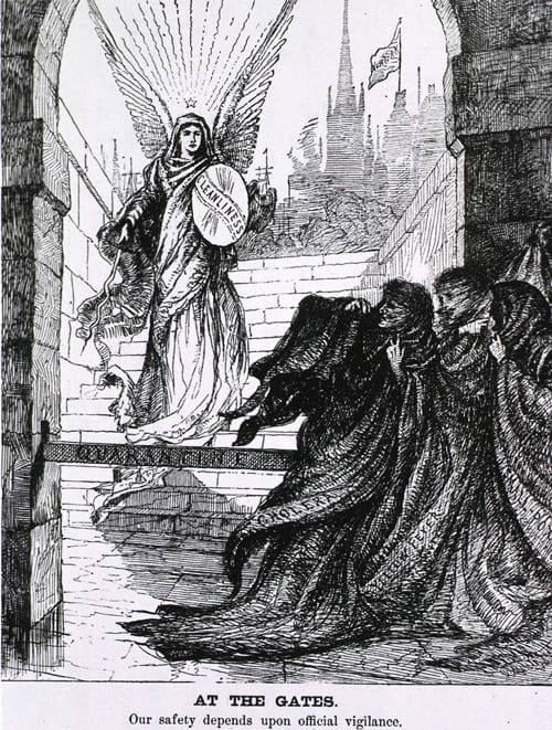 "Cleanliness" is depicted as a winged goddess with a sword and shield keeping out disease through quarantine. Image reads "Our safety depends upon official vigilance."
