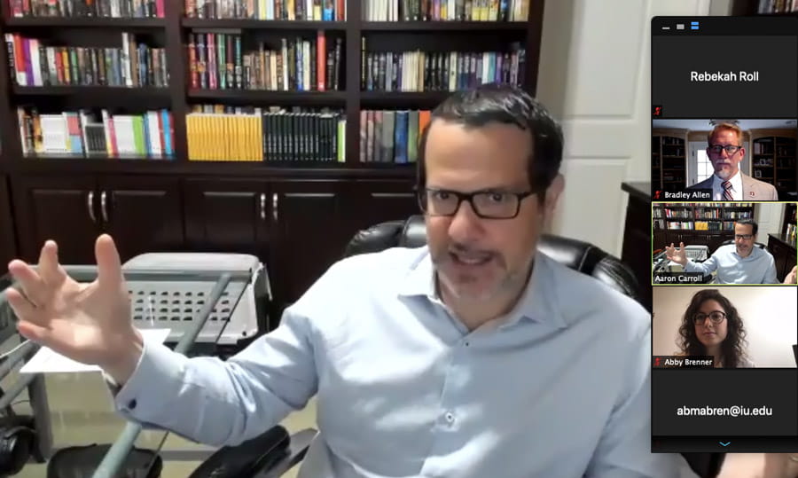 Aaron Carroll speaks to the class over zoom