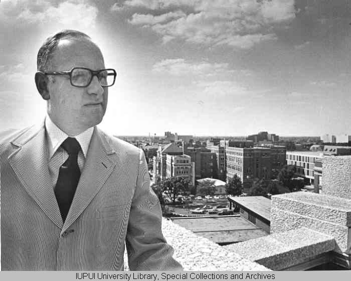 Steven Beering on top of a building at the IU School of Medicine Indianapolis campus in the 1970s
