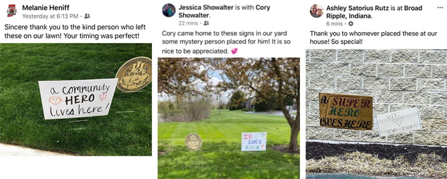 screenshots of social media posts showing appreciation for signs placed at the homes of emergency medicine doctors