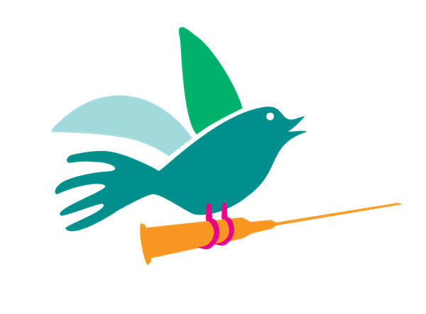 Free the Vaccine logo: a bird in flight carrying a vaccine