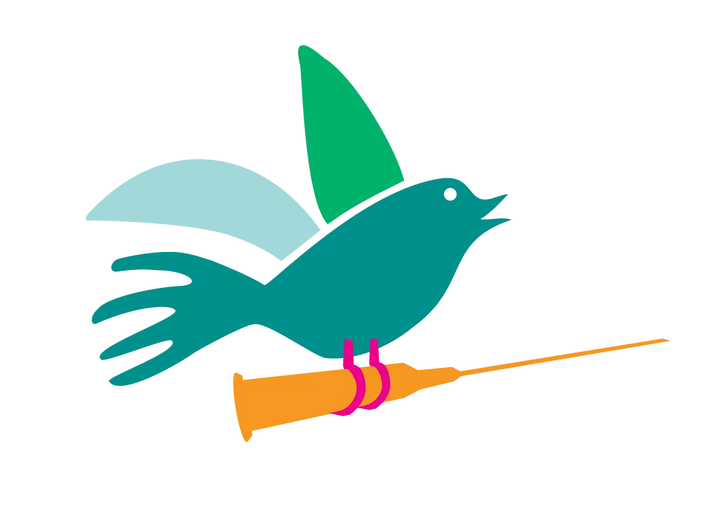 Free the Vaccine logo: a bird in flight carrying a vaccine 