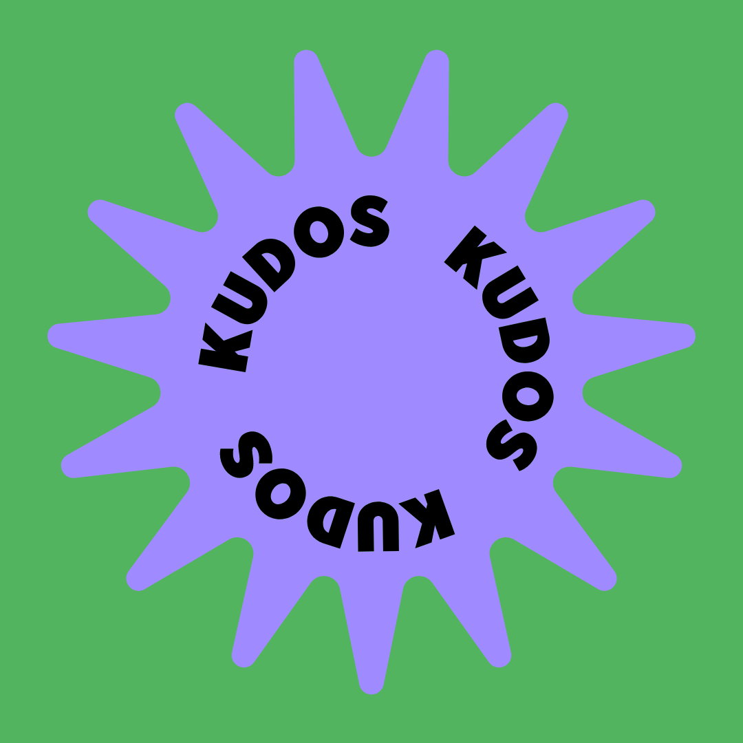 purple circle on green background with word kudo