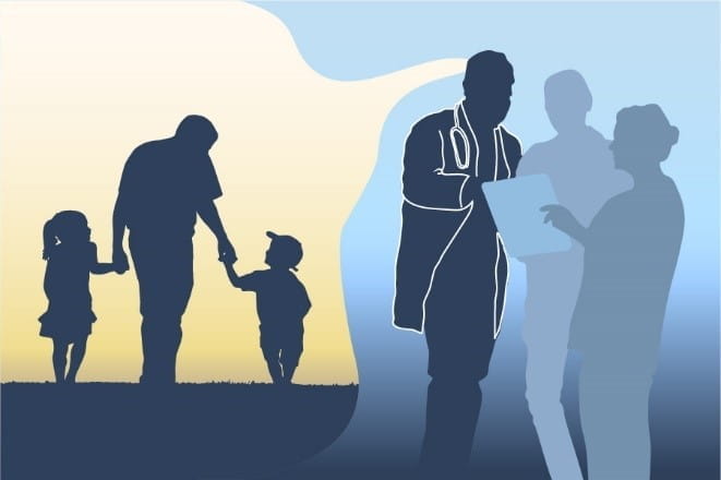 an illustration shows a physician at work but thinking about being with his children