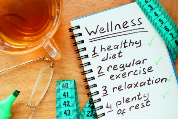 Notebook open with text: Wellness 1) healthy diet; 2) regular exercise; 3) relaxation; 4) plenty of rest