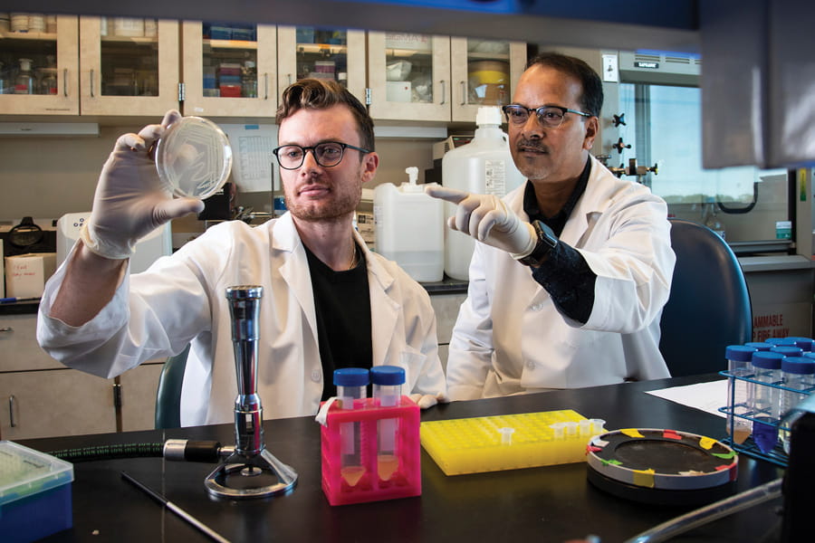 a medical student and a faculty member examine a sample in the lab