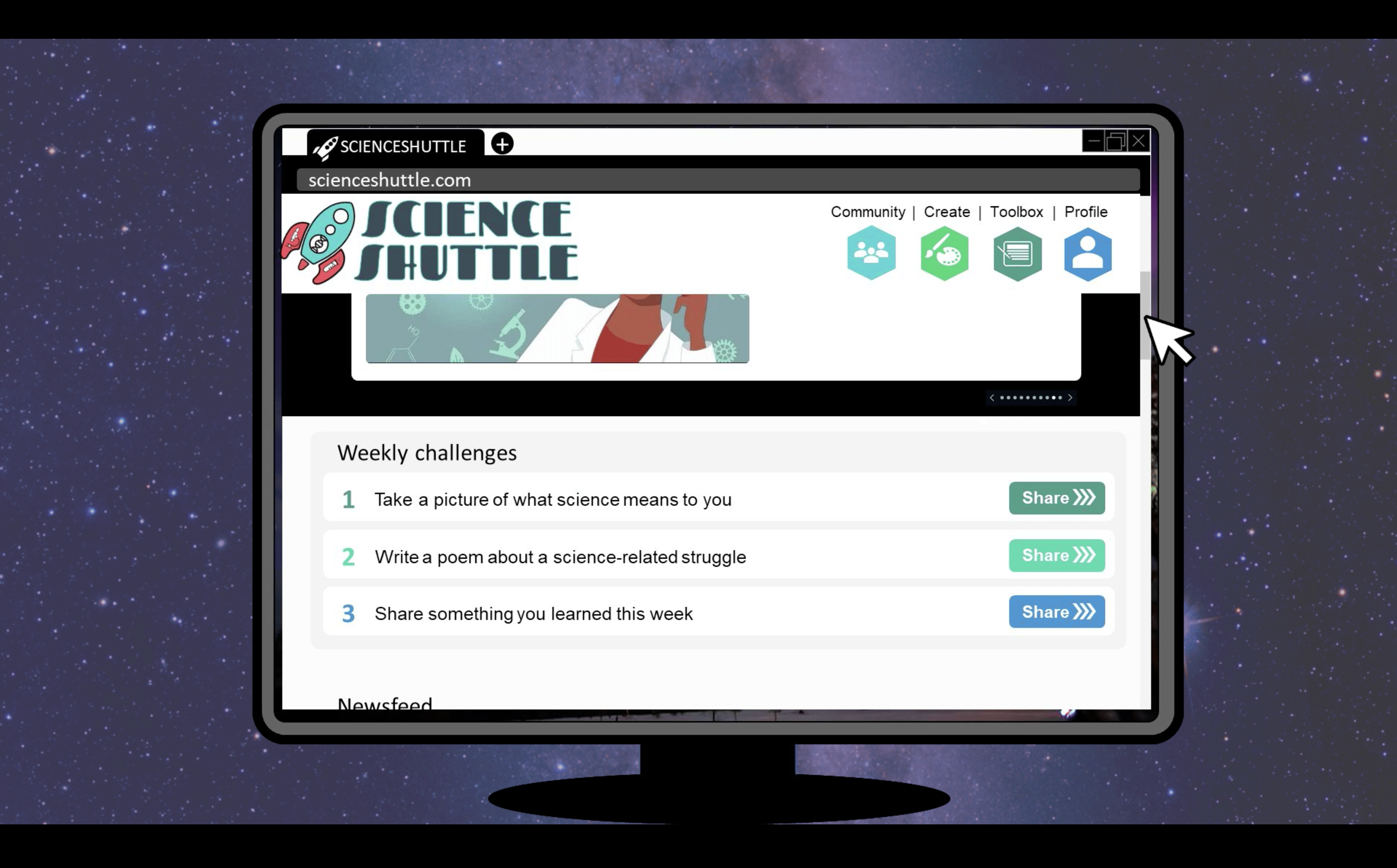 A screenshot of a website concept for Science Shuttle.