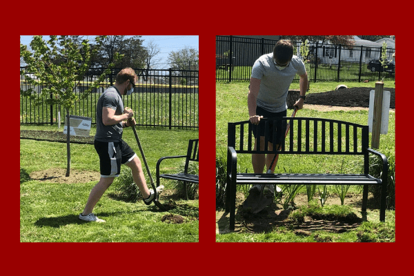 Students digging and working on a bench