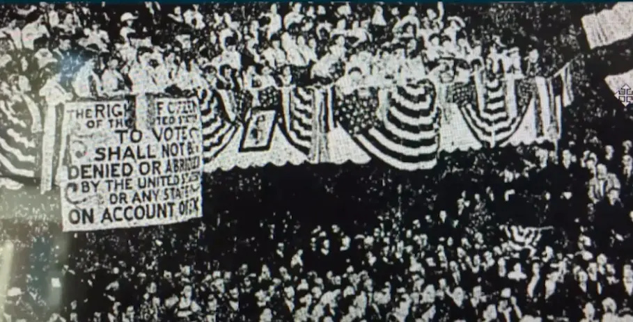 Newspaper image of women's suffrage advocates