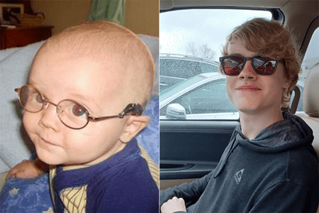 Evan Mowery as an infant and at 16 years old