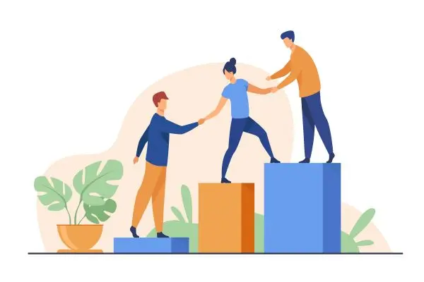 drawing of 3 people helping each other up blocks