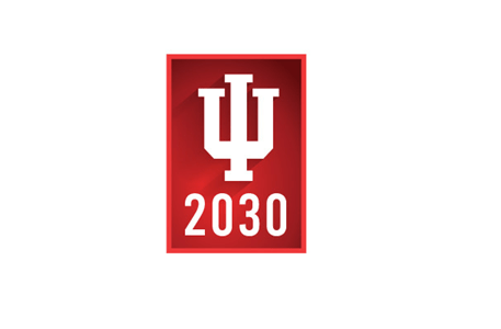 A red box against a white background, with a white IU trident and "2030" underneath in white