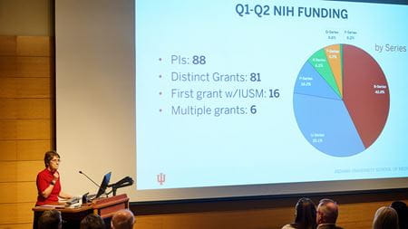 Dr. Tatiana Foroud presents at the Fall All School Meeting.