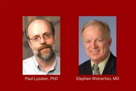 Portraits of Drs. Paul Lysaker and Stephen Wolverton on a red background