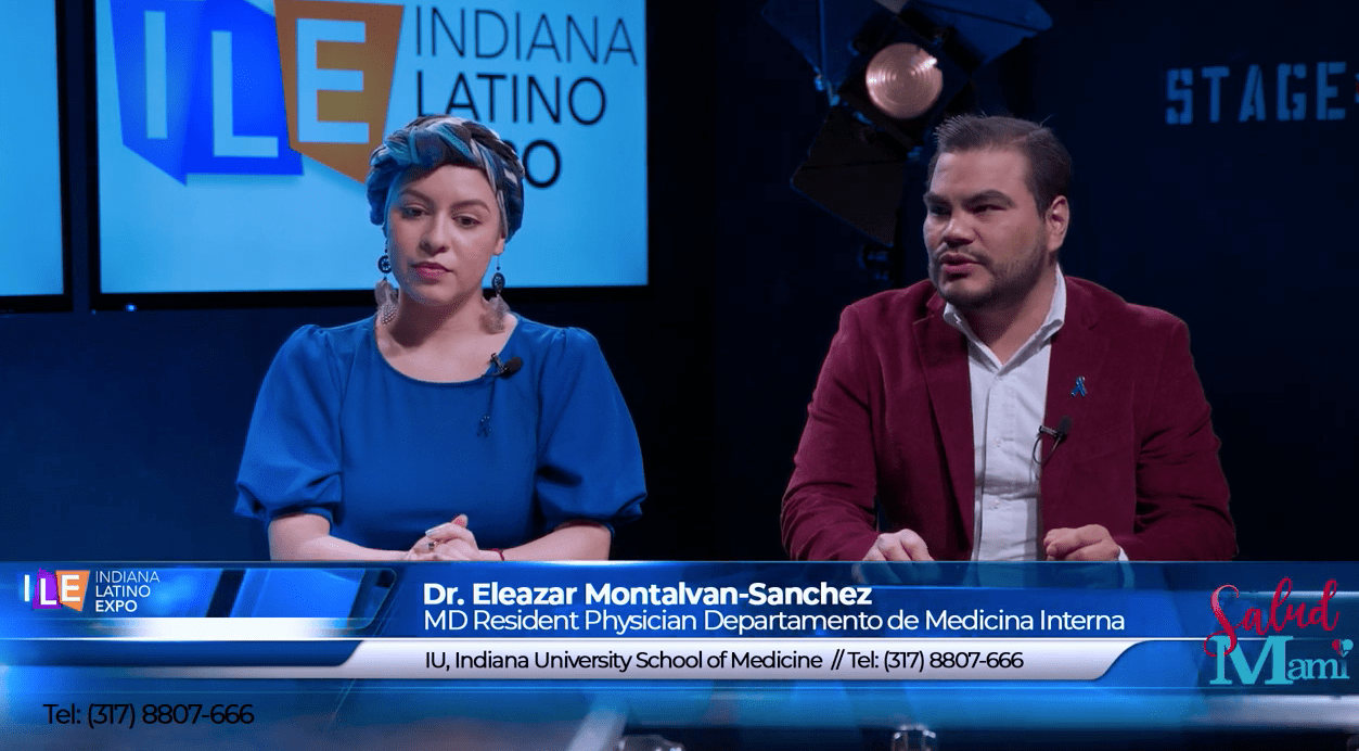Maria Guarnizo Ortiz, MD and Eleazar Montalvan, MD speak at a media interview for the Indiana Latino Expo.