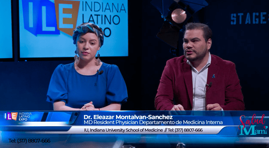 Maria Guarnizo Ortiz, MD and Eleazar Montalvan, MD speak at a media interview for the Indiana Latino Expo.