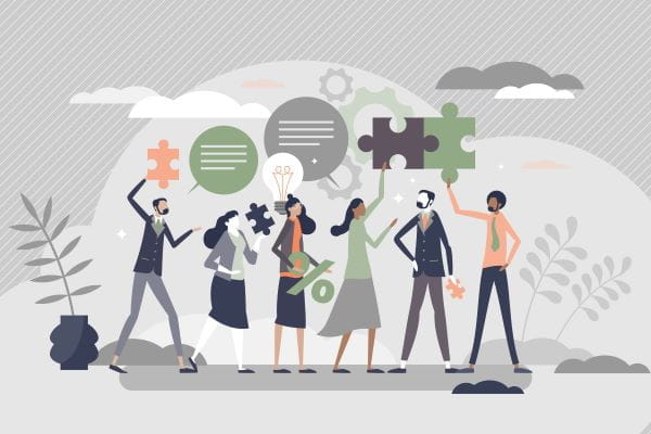 graphic depicting 6 people in a row with word bubbles and puzzle pieces above them depicting employee engagement and ideas. colors are green, light grey and dark grey. 