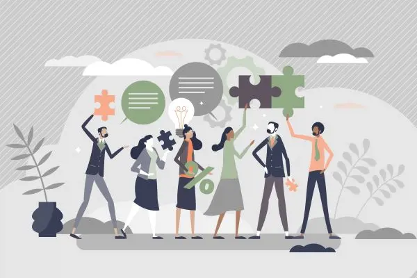 graphic depicting 6 people in a row with word bubbles and puzzle pieces above them depicting employee engagement and ideas. colors are green, light grey and dark grey. 