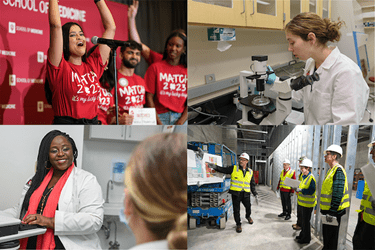 Collage of 2023--Match Day research, clinician, hardhat tour