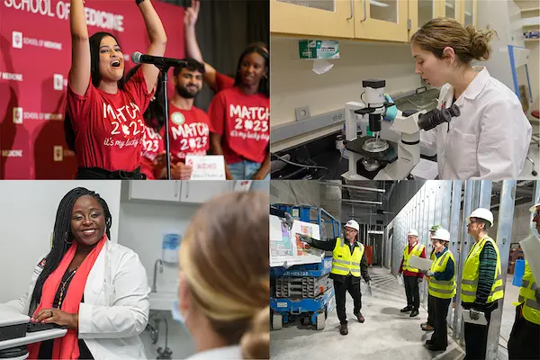 Collage of 2023--Match Day research, clinician, hardhat tour