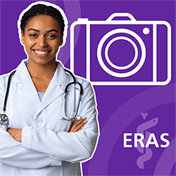Student in white coat poses before a purple background with a camera icon and text "ERAS."