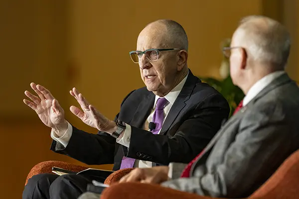 AAMC President and CEO David J. Skorton, MD, answers a question posed by IU School of Medicine Dean Jay Hess, MD, PhD, MHSA, during the 2024 Stephen P. Bogdewic Lectureship in Medical Leadership event Oct. 14. 