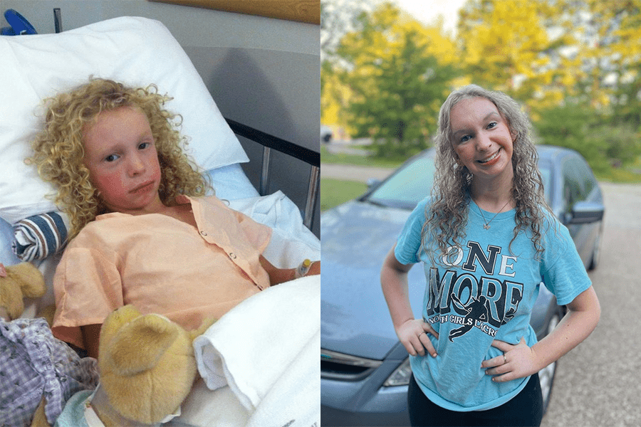 Aly Edmondson as a child in the hospital and now at 16 with her car