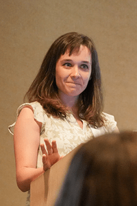 Fourth-year medical student Emily Merritt showed attendees the module she created to get students greater familiarity with the blood bank and microbiology lab. Student Emily Merritt presents her findings at Ed Day 2024.