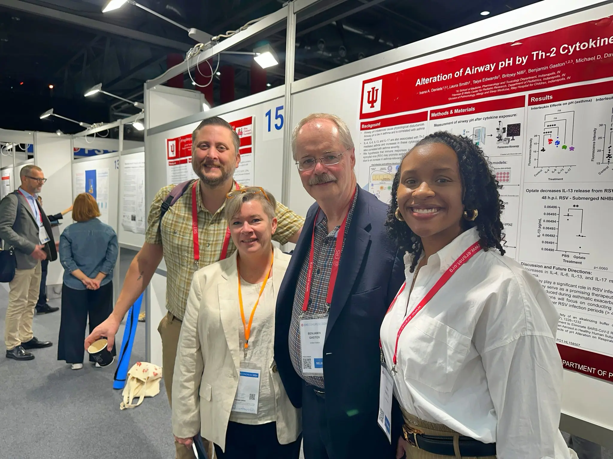 Members from the Gaston Laboratory huddled together in front of Ivana Daniels’ research poster at the European Respiratory Society (ERS) Congress in Vienna, Austria on September 9, 2024. From left to right: Michael Davis, PhD, Laura Smith, Benjamin Gaston, MD, and Ivana Daniels. 