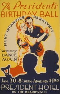 Poster for The President Hotel's birthday ball "so we may dance again."