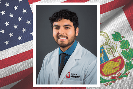 Sebastian Castillo, Hispanic male with beard wearing IU School of Medicine white coat; background image is USA and Peru flags coming together