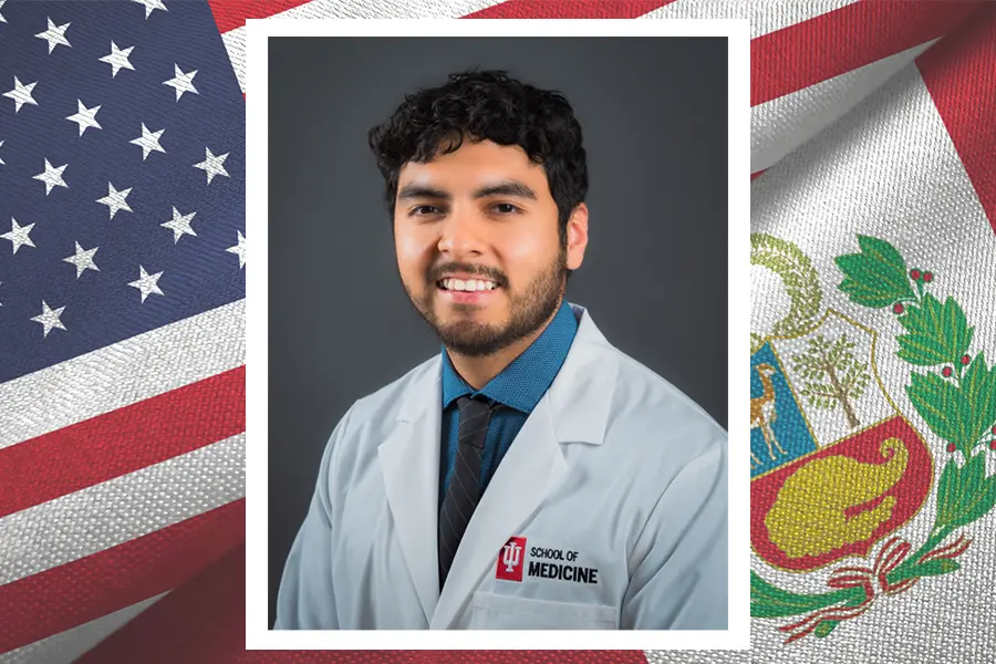 Sebastian Castillo, Hispanic male with beard wearing IU School of Medicine white coat; background image is USA and Peru flags coming together