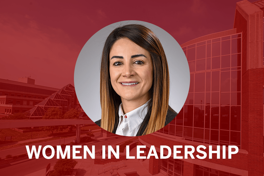Zeina Nabhan headshot on red background with IUSM buildings and the words Women in Leadership