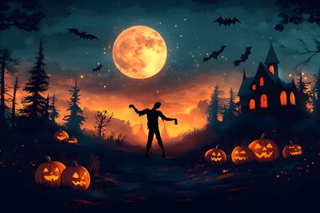 A zombie silhouetted against a full moon walks near a spooky castle