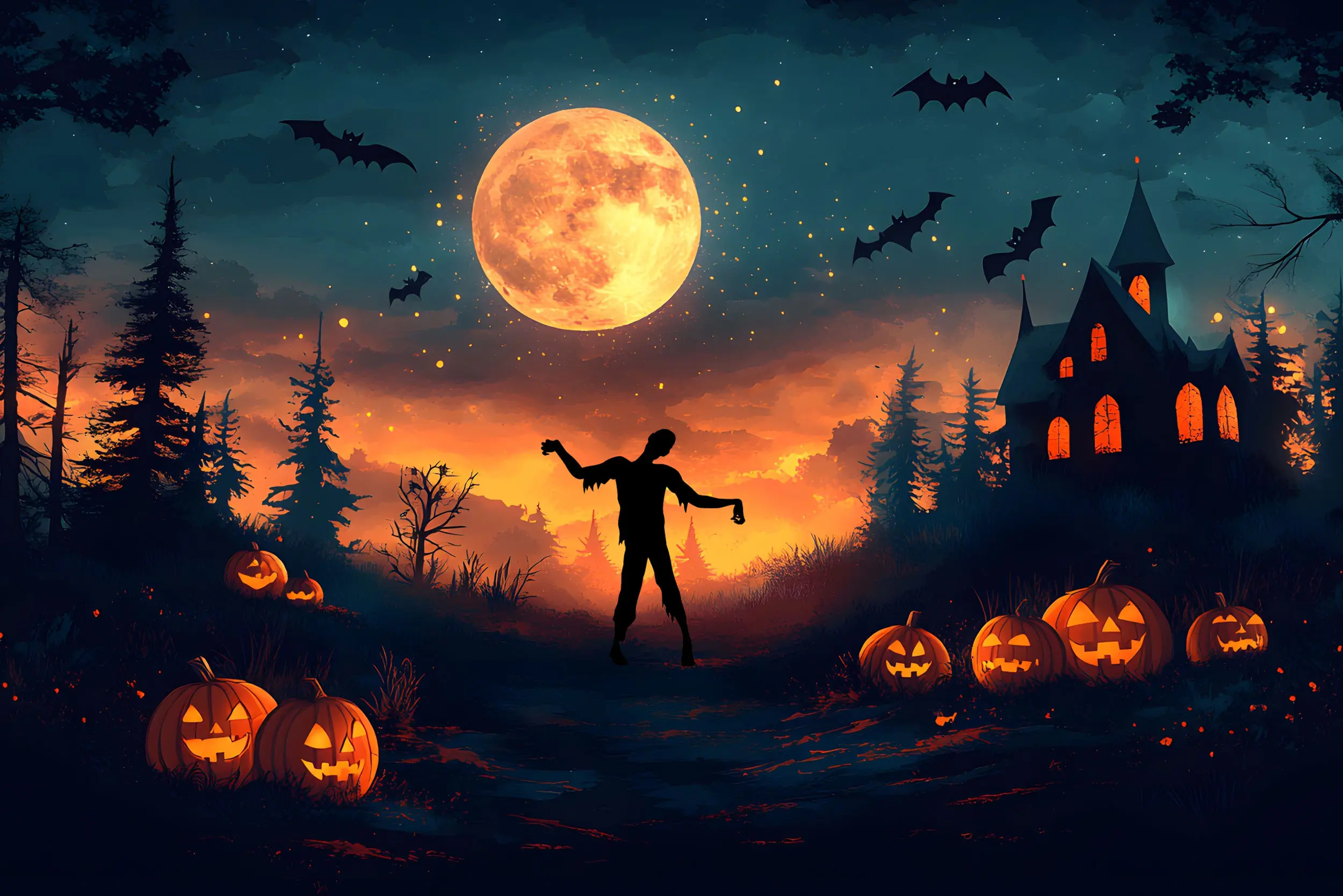 A zombie silhouetted against a full moon walks near a spooky castle