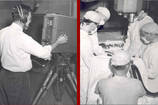 Black-and-white photo showing a cameraman filming the first surgery broadcast next to another back-and-white photo of doctors performing a surgery in 1949. 